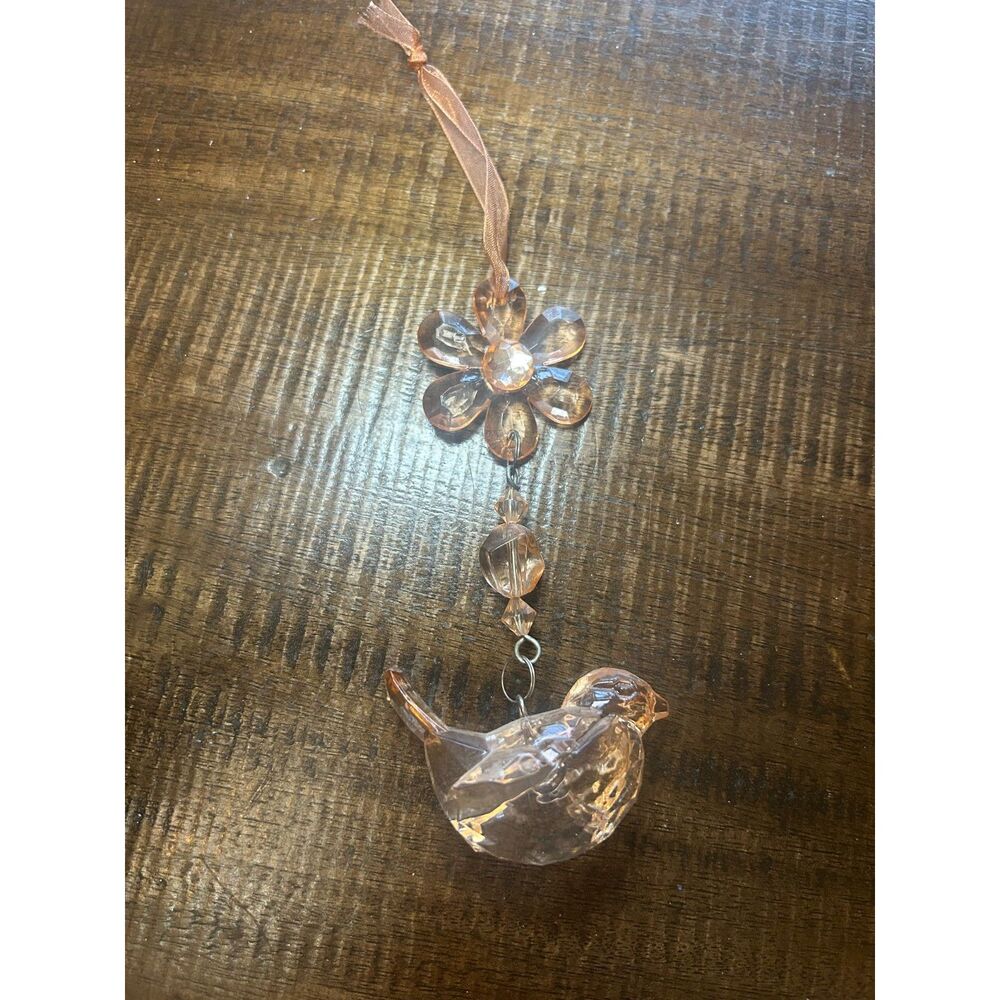 Vintage Peach Acrylic Bird Suncatcher Ornament Faceted Faux Crystal Flower Boho